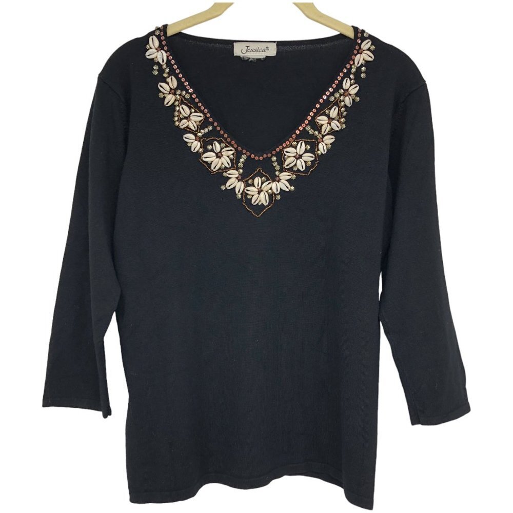 Jessica Black shell embellished V-neckline 3/4 Sleeve Blouse size ~M